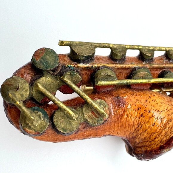 Leather Saxaphone Brooch Pin Brown Brass Vintage 7/8 x 1 3/4" Musical Instrument - Picture 7 of 8